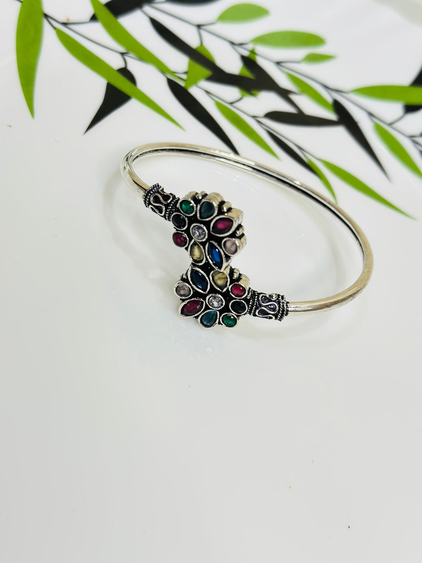 Elegant Oxidized Peacock Design Kada Bracelet with Multicolor Stones