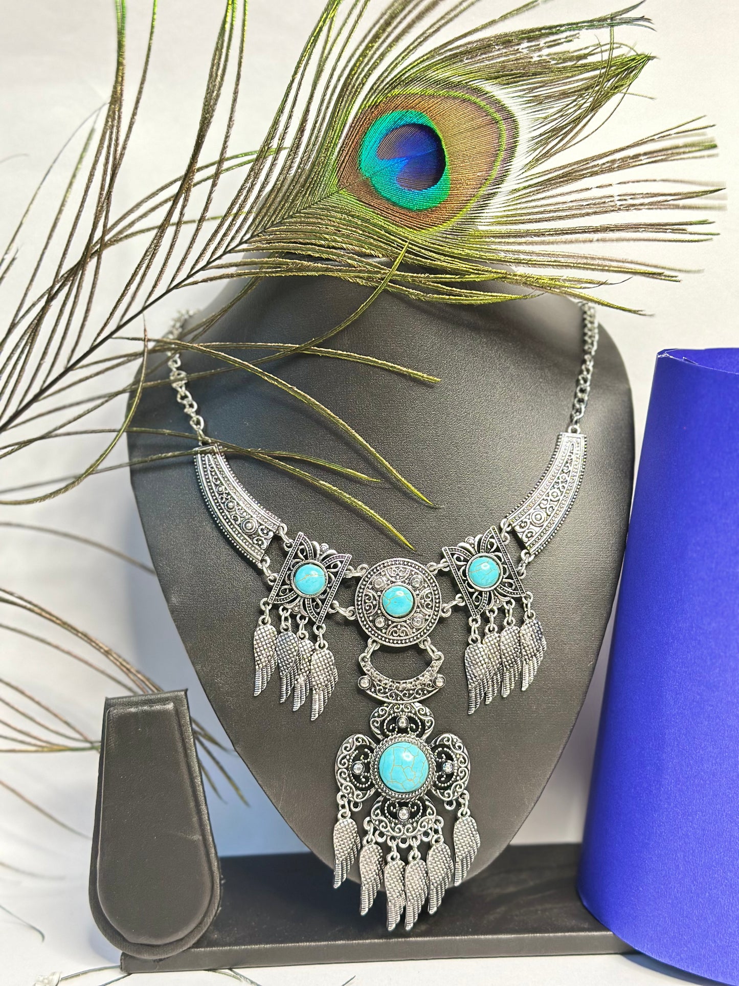 Antique Silver Oxidised Necklace with Turquoise Stones & Wing Charms