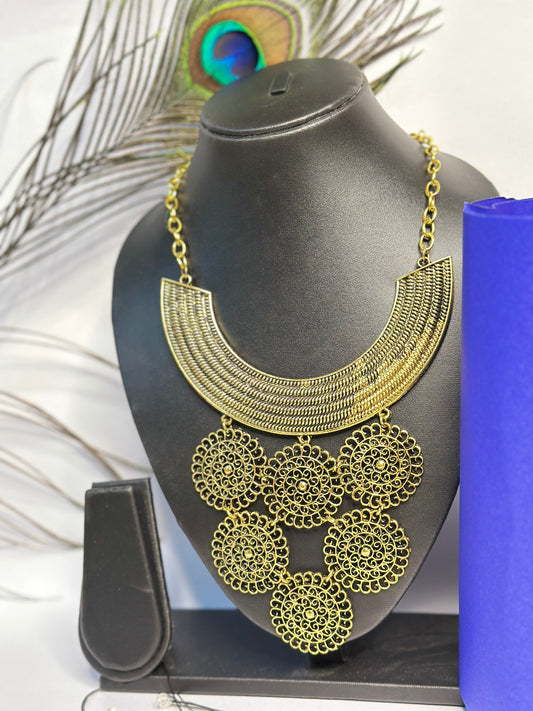 Antique Gold-Plated Statement Necklace with Circular Filigree Desig