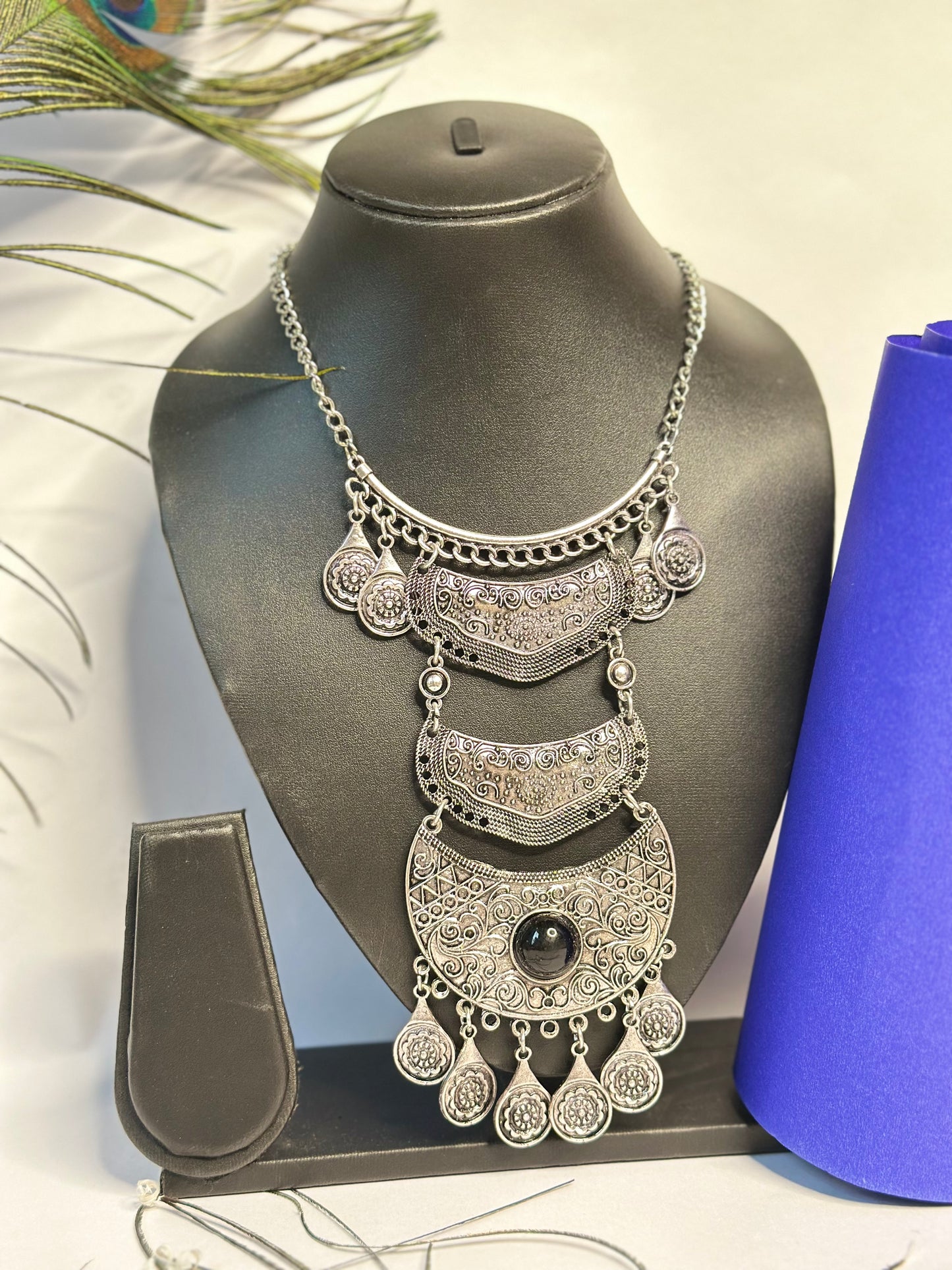 Antique Silver Oxidised Statement Necklace with Black Stone & Floral Motifs