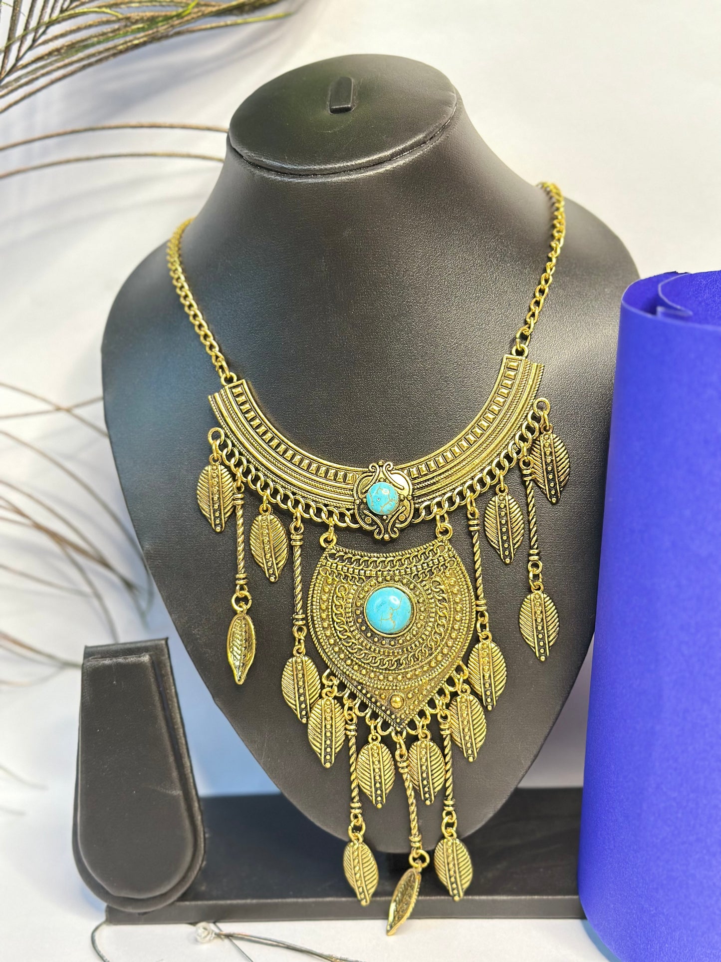 Antique Bohemian Statement Necklace with Blue Stone & Leaf Charms