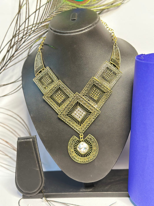 Antique Geometric Statement Necklace with Crystal Pendant