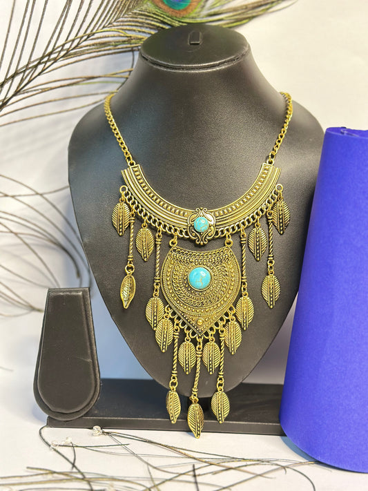 Antique Bohemian Statement Necklace with Blue Stone & Leaf Charms