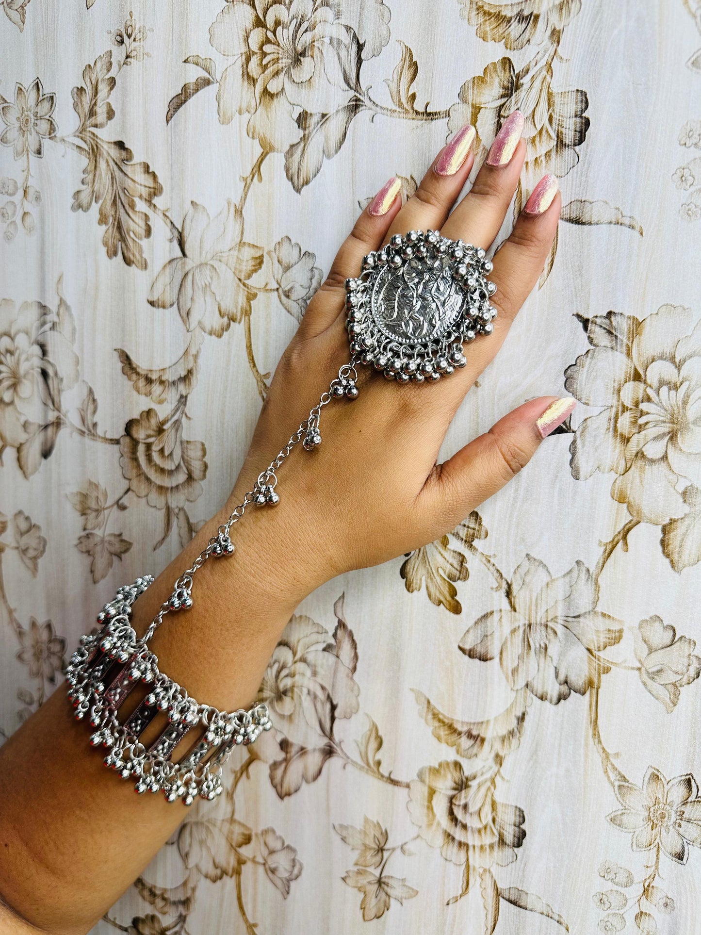 Elegant Silver Oxidized Hathphool Bracelet Ring