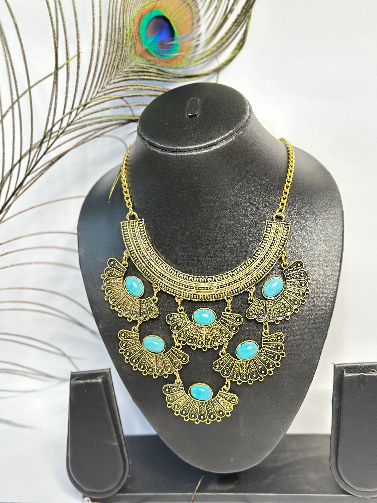 Regal Antique Gold Plated Necklace with Turquoise Stone Embellishments