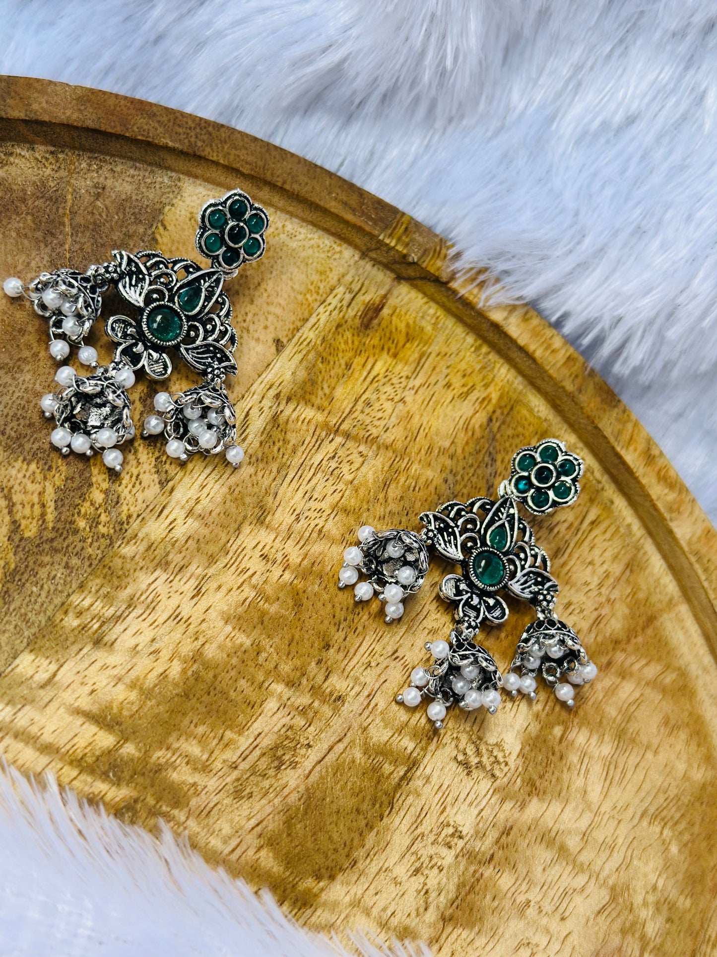 Elegant Green Stone Oxidized Jhumka Earrings