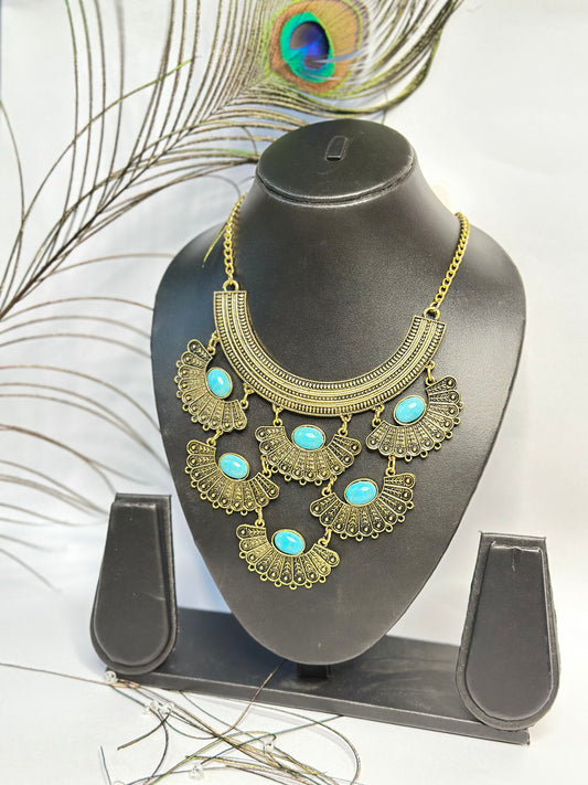 Regal Antique Gold Plated Necklace with Turquoise Stone Embellishments