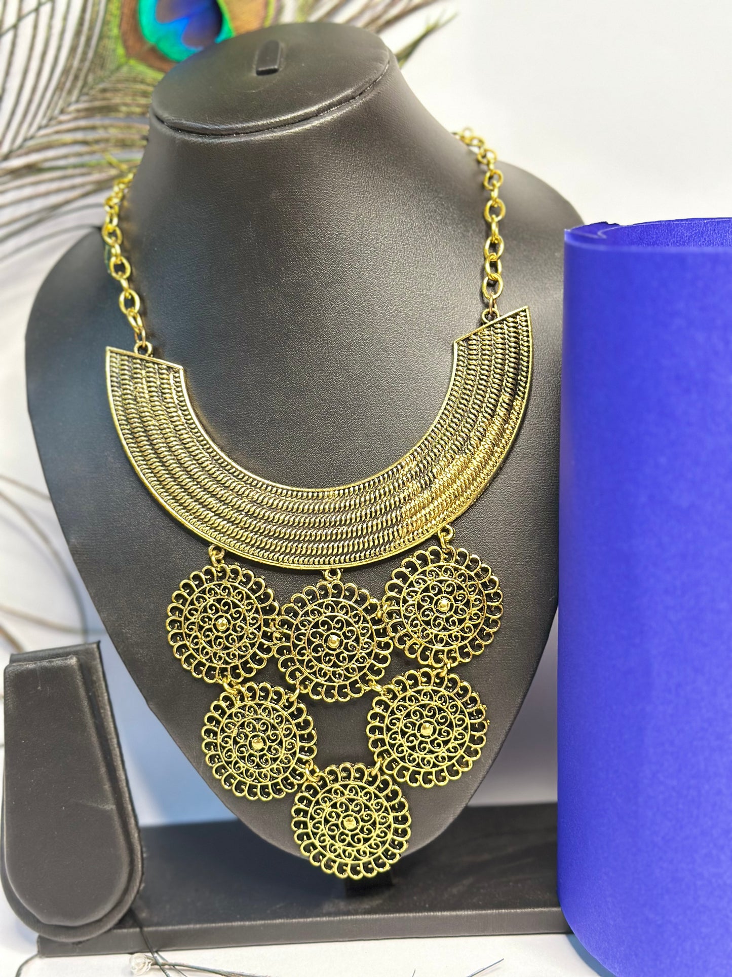 Antique Gold-Plated Statement Necklace with Circular Filigree Desig