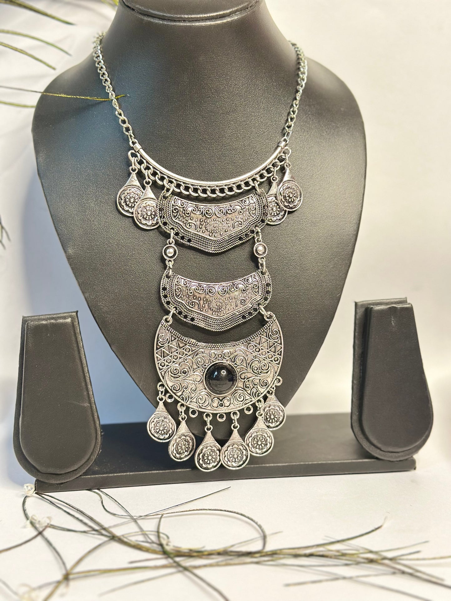 Antique Silver Oxidised Statement Necklace with Black Stone & Floral Motifs