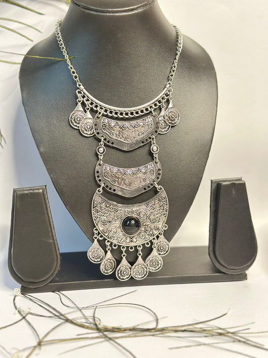Antique Silver Oxidised Statement Necklace with Black Stone & Floral Motifs