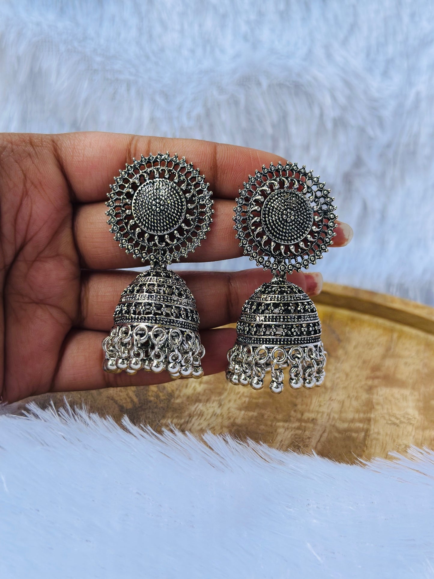 Oxidized Silver Jhumka Earrings