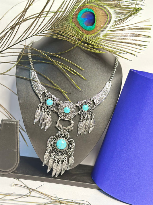 Antique Silver Oxidised Necklace with Turquoise Stones & Wing Charms