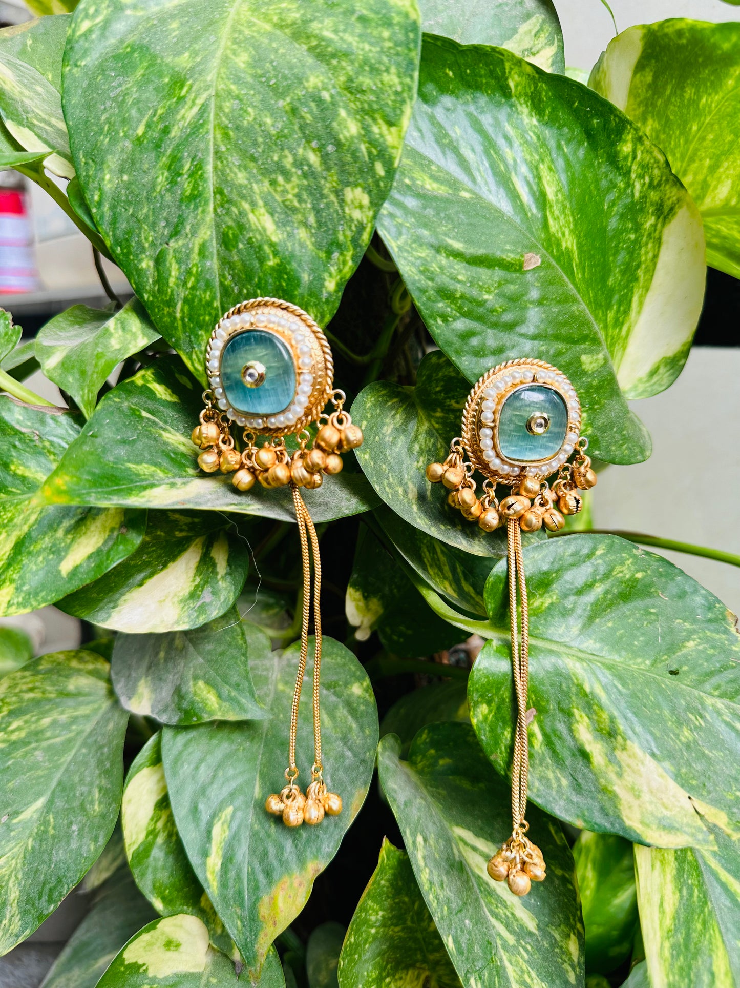 Green Stud Earrings with Hanging Golden Beads & Tassels