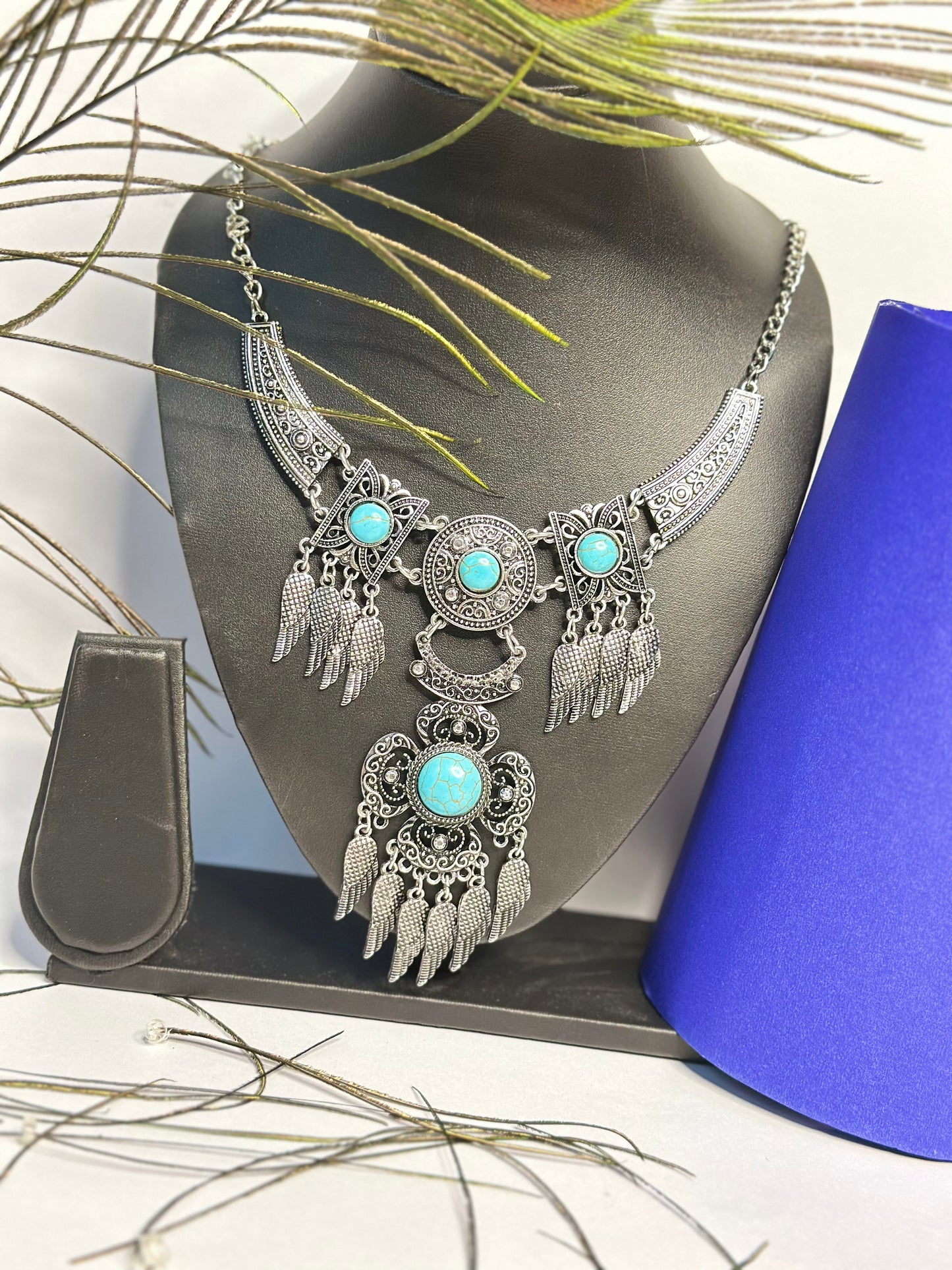 Antique Silver Oxidised Necklace with Turquoise Stones & Wing Charms