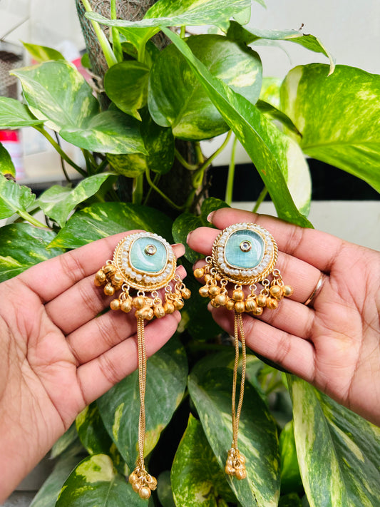 Green Stud Earrings with Hanging Golden Beads & Tassels