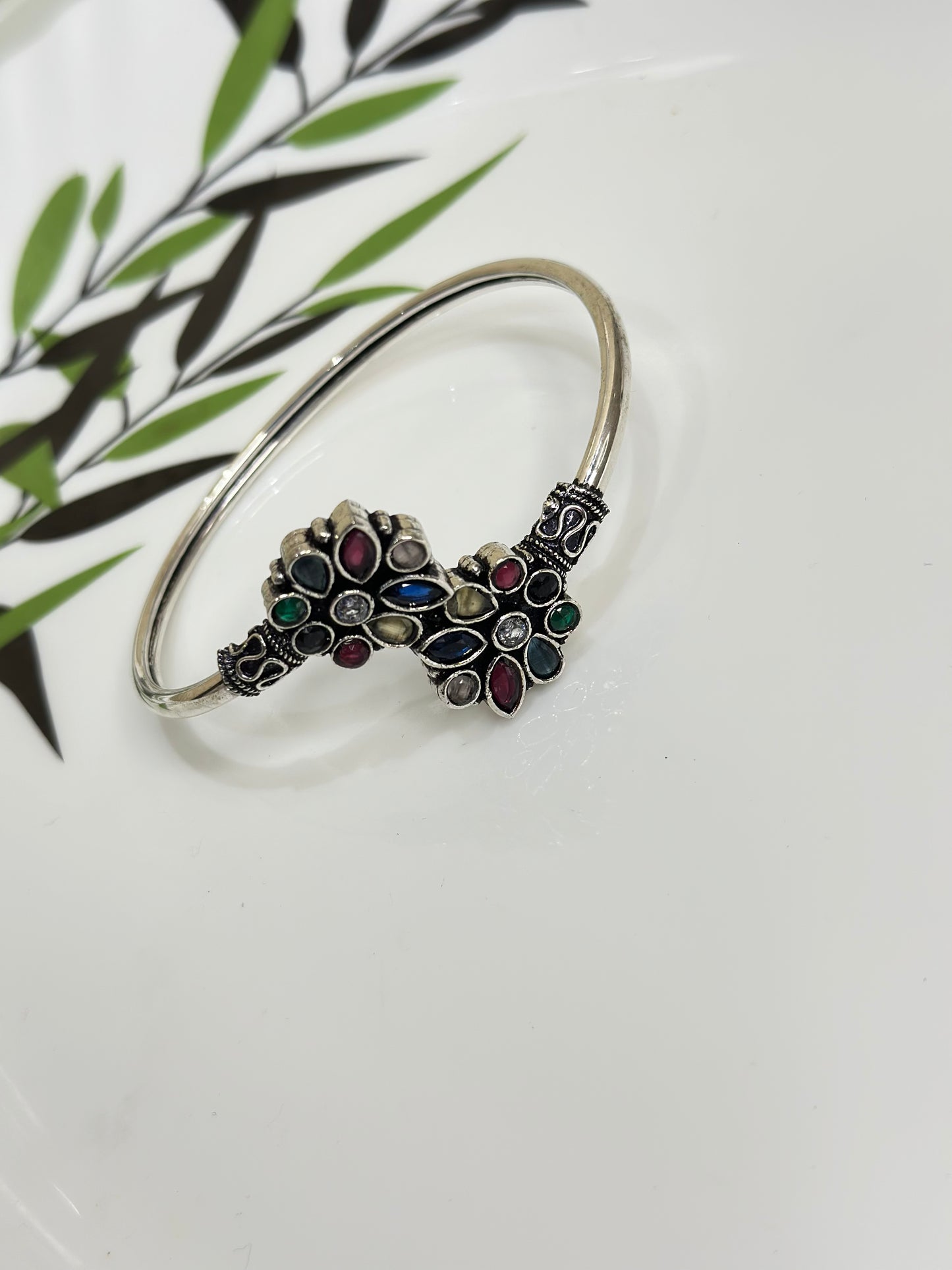 Elegant Oxidized Peacock Design Kada Bracelet with Multicolor Stones