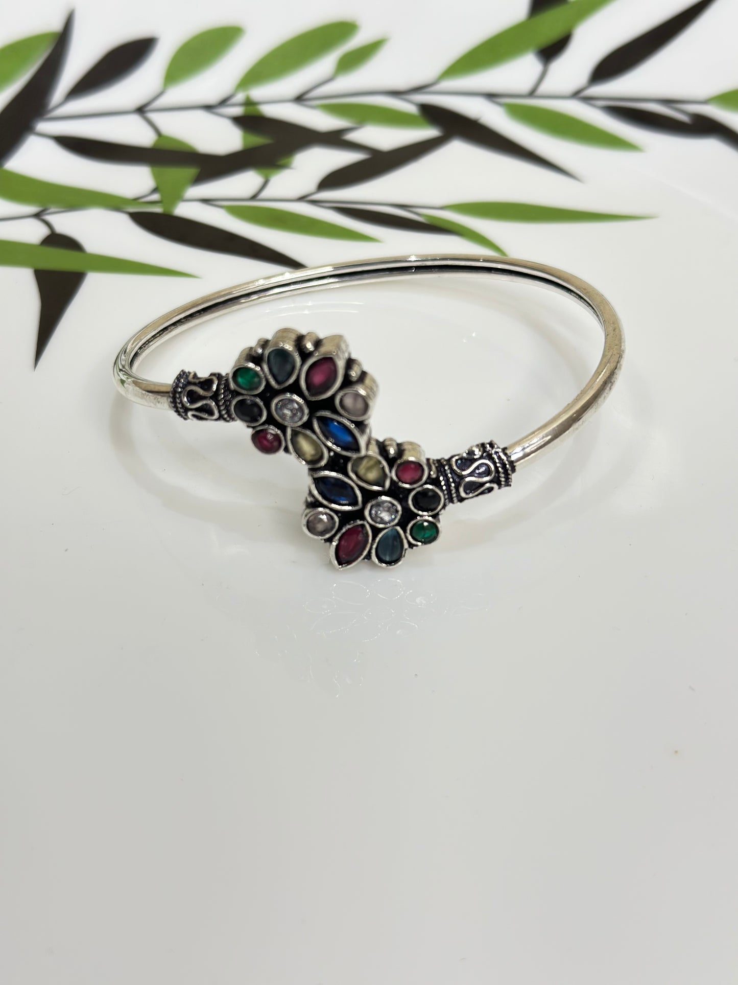 Elegant Oxidized Peacock Design Kada Bracelet with Multicolor Stones