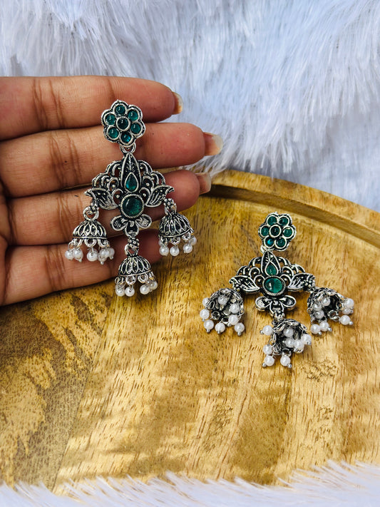 Elegant Green Stone Oxidized Jhumka Earrings
