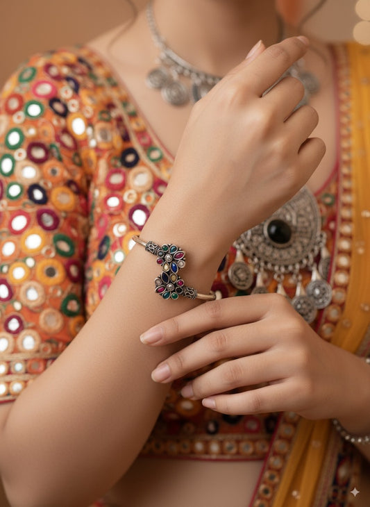 Elegant Oxidized Peacock Design Kada Bracelet with Multicolor Stones