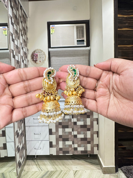 Nexora Jeweller Gold - Plated Dome Shaped Artificial Stones Studded And Beaded Jhumkas