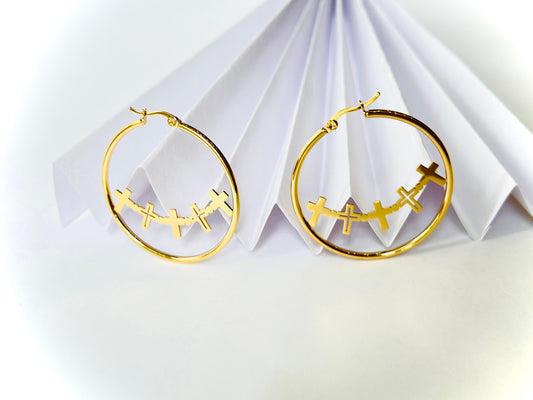 Gold Hoops Earring Mini Cross Charms