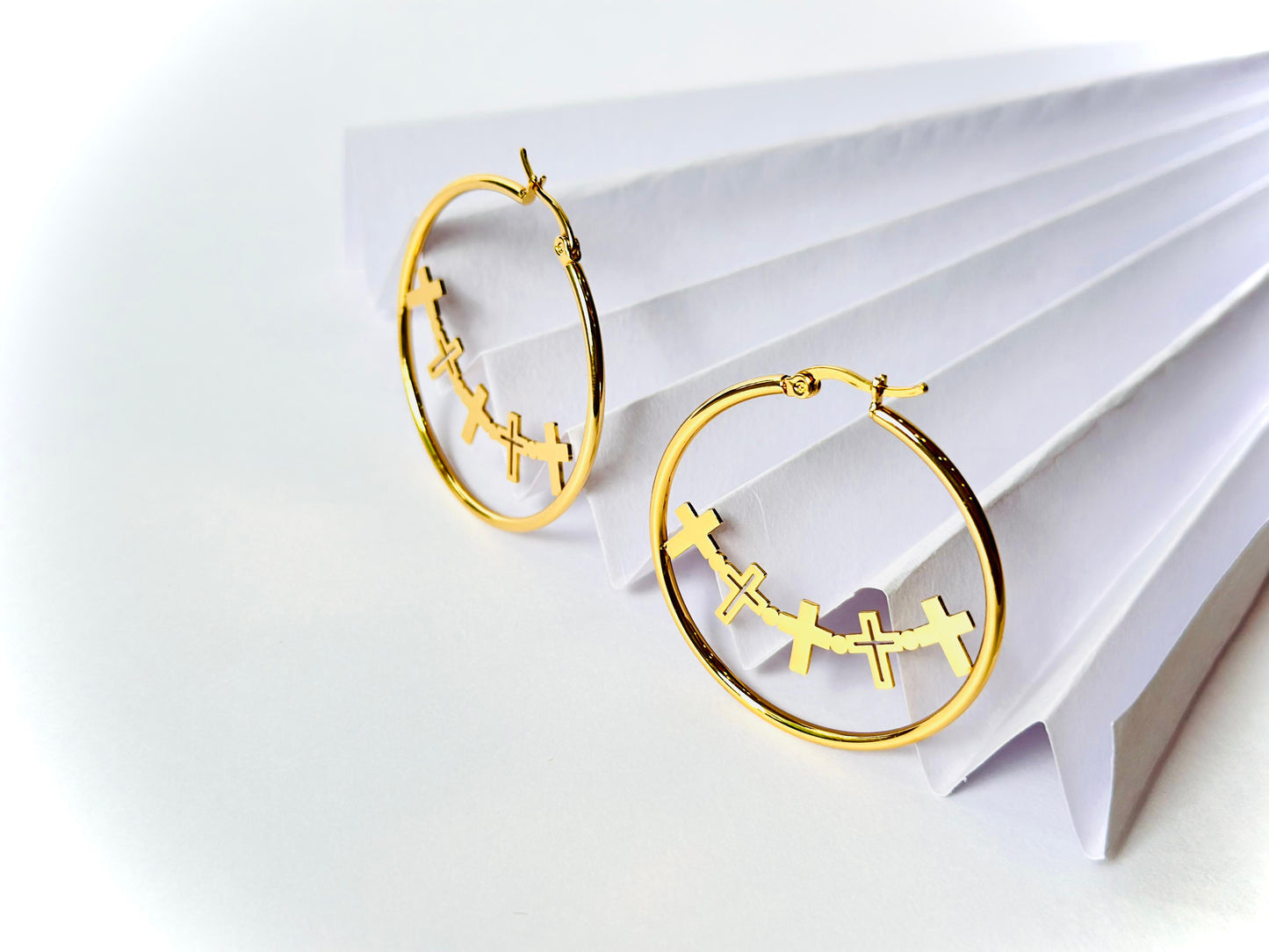 Gold Hoops Earring Mini Cross Charms