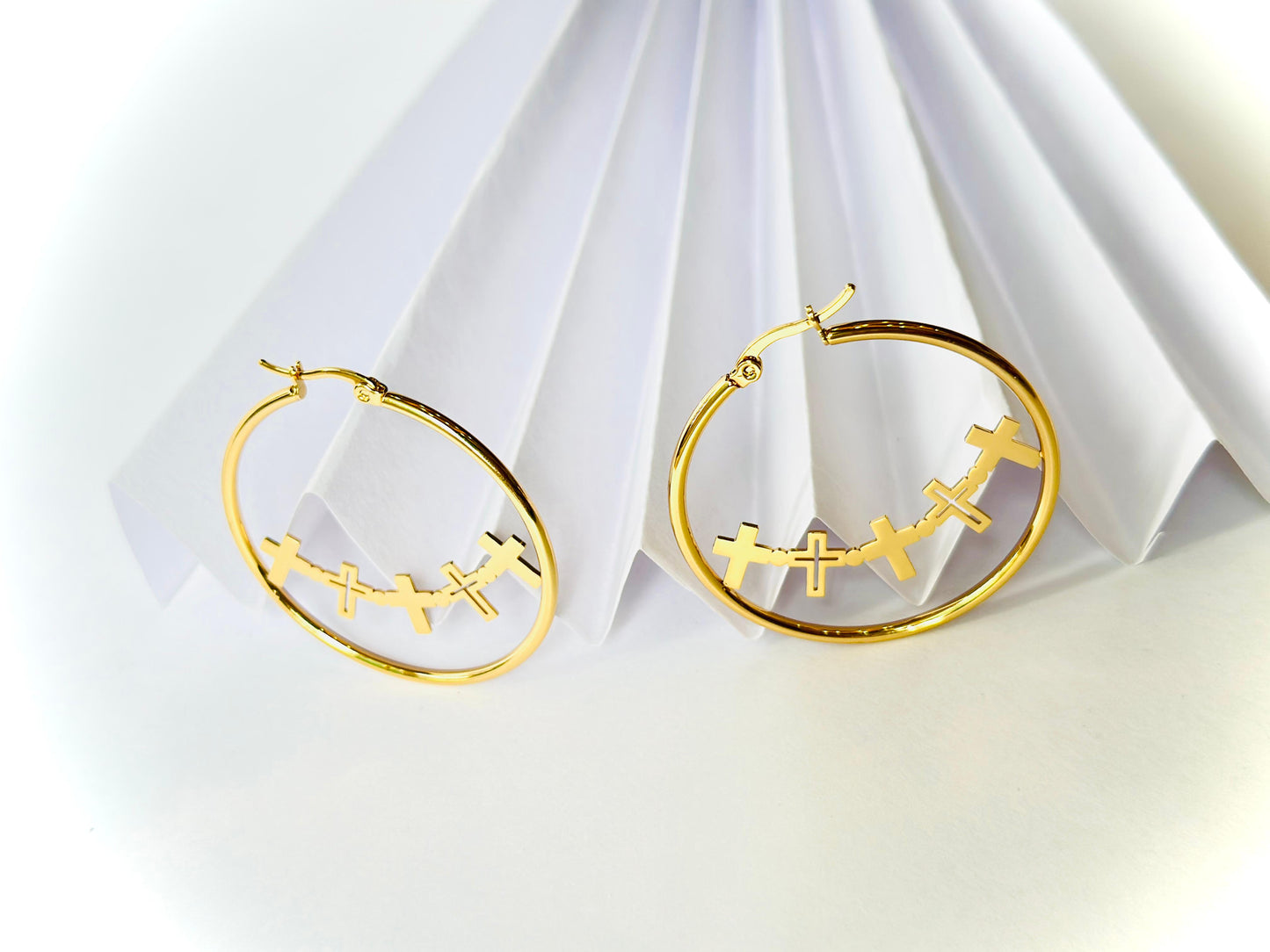 Gold Hoops Earring Mini Cross Charms
