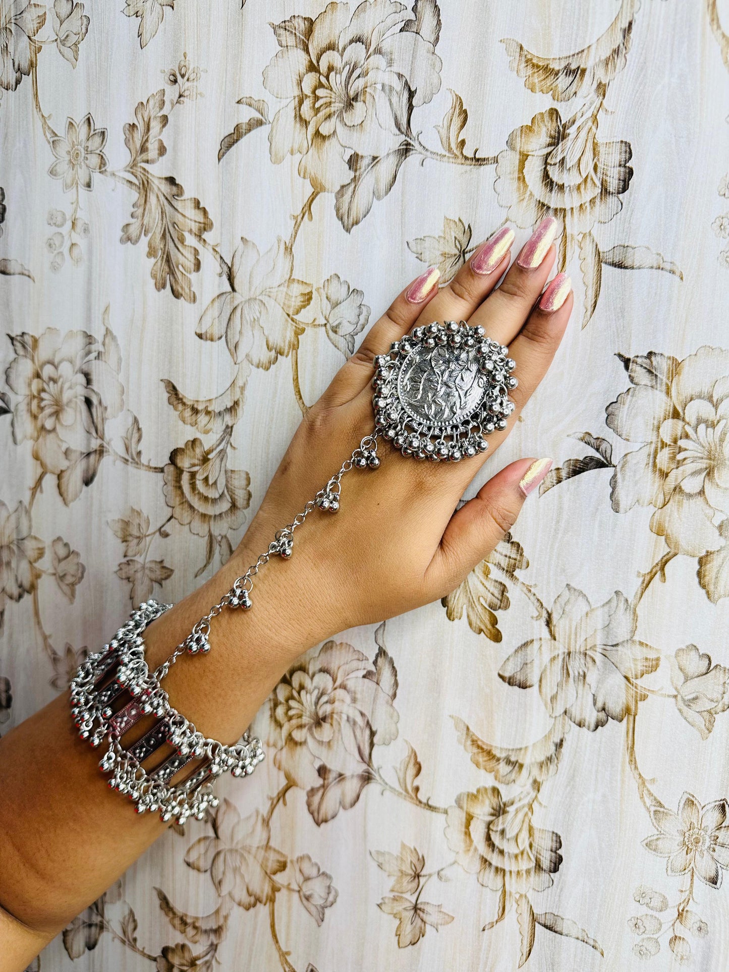 Elegant Silver Oxidized Hathphool Bracelet Ring