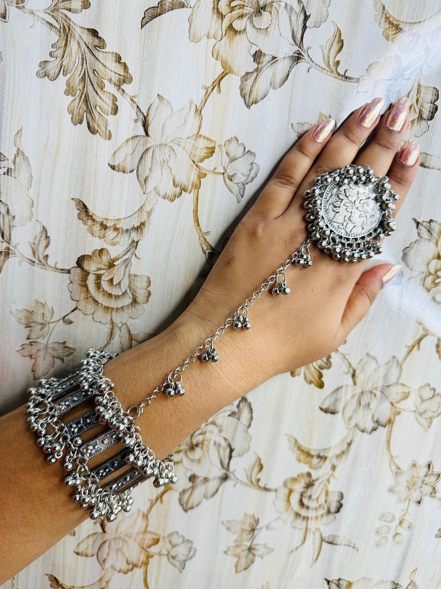 Elegant Silver Oxidized Hathphool Bracelet Ring
