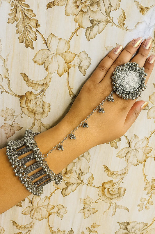 Elegant Silver Oxidized Hathphool Bracelet Ring